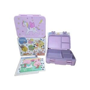 Bearfoot 4 Cups Compact Bento Box, 2 Pack, Girls Unicorn Purple, Dishwasher Safe